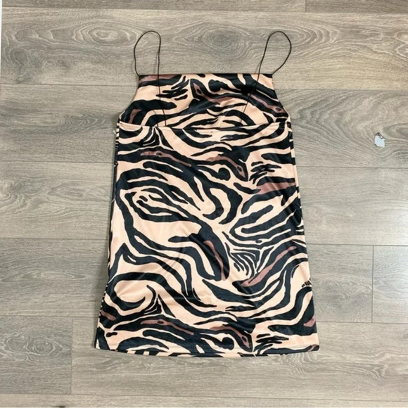 Zara Tiger Animal Print Cowl Neck Satin Slip Mini Dress Size Medium Brown Tan - Picture 16 of 16